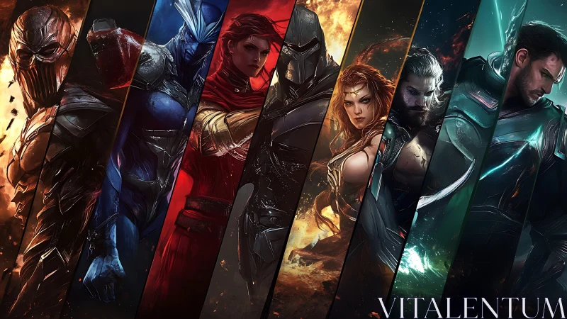 Dynamic multi-panel fantasy heroes in diagonal cinematic layout.