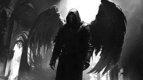 Shadow-winged harbinger stalks light-drenched cathedral halls.