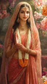 Traditional Indian bride in ornate sari and garland portrait.