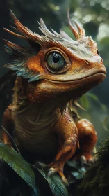 High-detail juvenile dragon with iridescent scales in soft bokeh forest