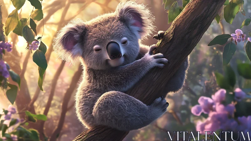 Dreamy koala drifts to sleep in sunlit blossom boughs.