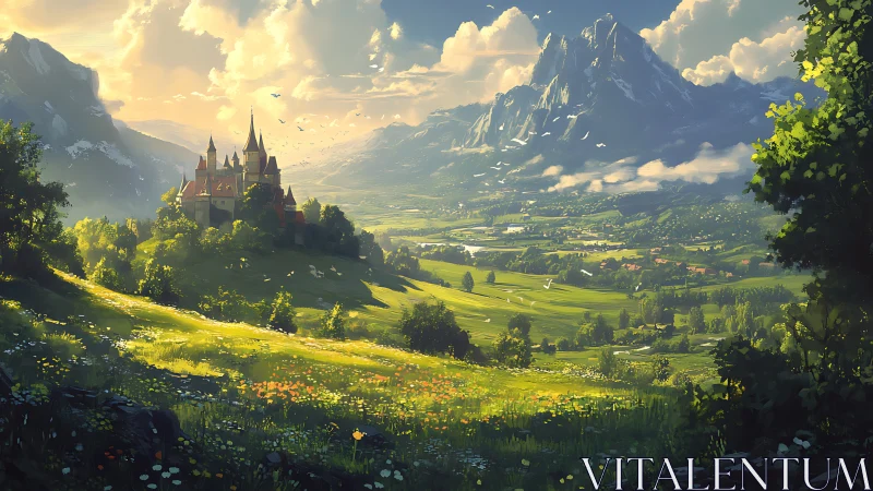 Sunlit valley cradles a storybook castle beneath vast peaks