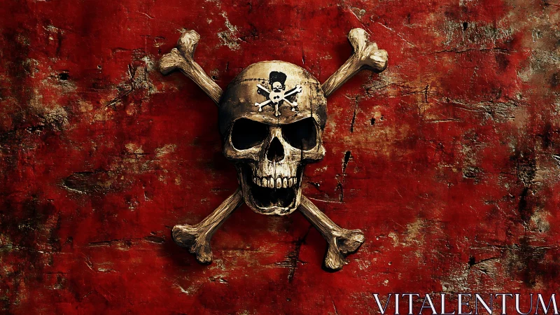 Weathered pirate skull grins against blood-red iron sky