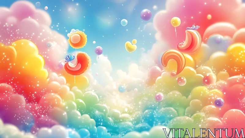 Whimsical Rainbow Cloud Sky with Floating Ornaments.