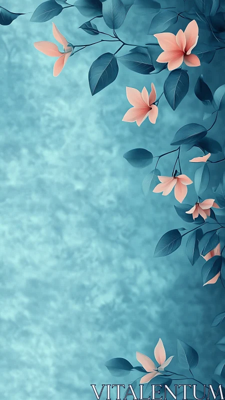 Pink Flowers Against Teal Foliage Background.