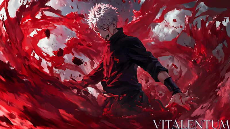 Bloodstorm conjurer laughing inside a crimson vortex of rage.