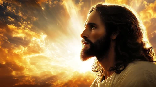 Profile of bearded man before radiant golden cloudscape.