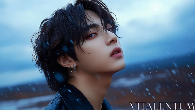 Moody close-up portrait in blue-toned rain with shallow depth