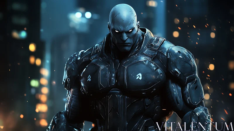 Armored cybernetic figure in night city environment.