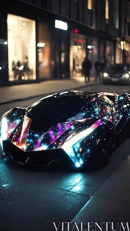Galactic neon supercar on night city street scene.