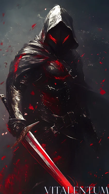 Hooded spectral assassin with crimson energy blade, mid-strike.