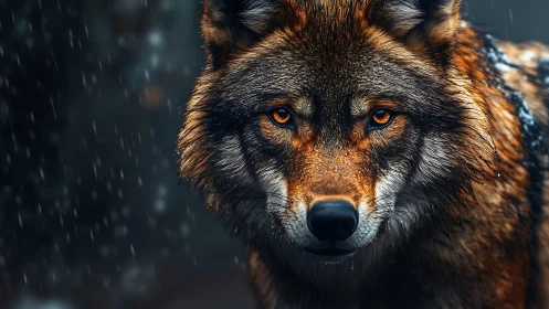 Photorealistic wolf portrait under rain with cinematic focus.
