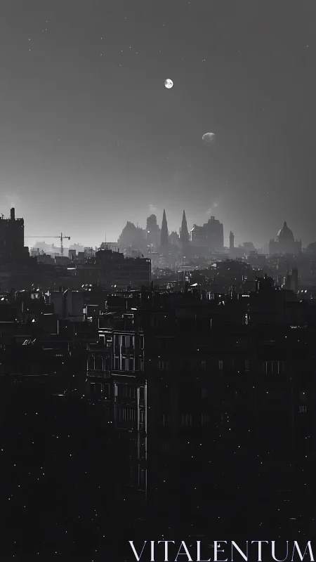 Monochrome dual-moon skyline over dense silhouetted metropolis