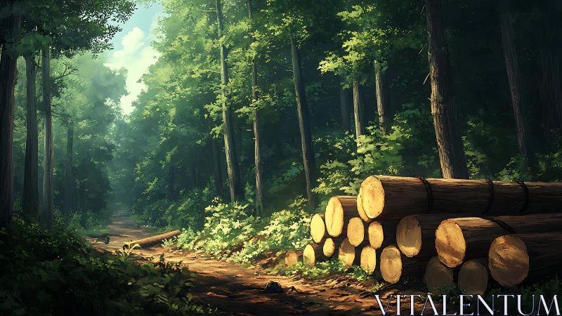 Forest Path with Harvested Logs in Sunlit Woodland