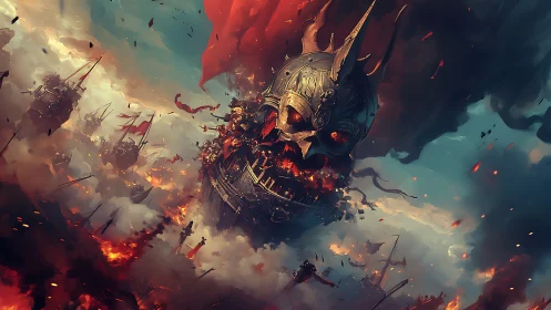 Colossal flaming skull warship leads burning sky armada.