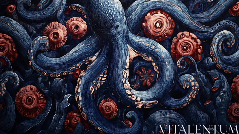 Blue octopus drifts through crimson sea blooms in deep ocean