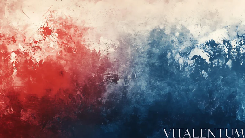 Abstract red, white, and blue textured painting with grunge style.