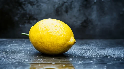 High-contrast macro study of wet lemon on textured dark surface