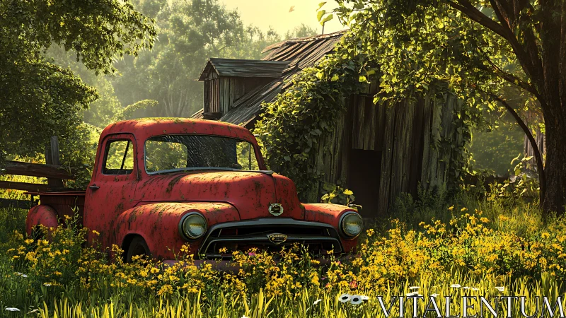 Rusty red pickup resting in a sunny wildflower meadow.