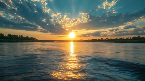 Calm river horizon under low sun and broken cloud cover.