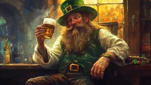 Bearded leprechaun in green waistcoat toasting with frothy beer mug