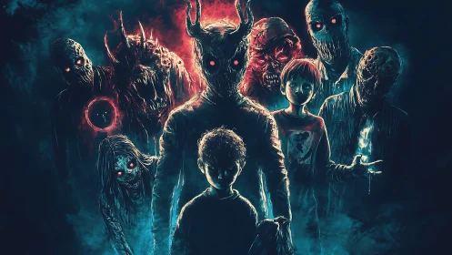 Demonic horned figure with children encircled by spectral horrors