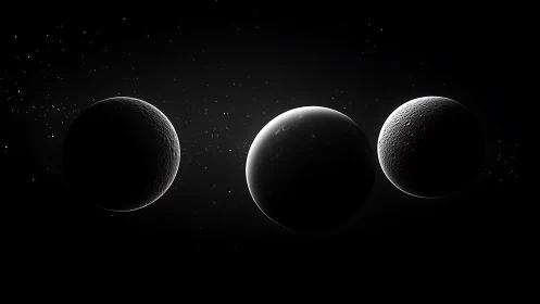 Three shadowed moons aligned in deep black space.