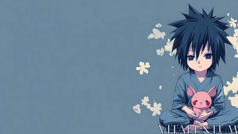 Quiet child in blue kimono holding pink plush toy.