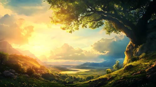 Sun-drenched valley under a watchful ancient hilltree.