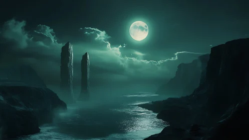 Moonlit sea canyon with towering monolith cliffs at night.