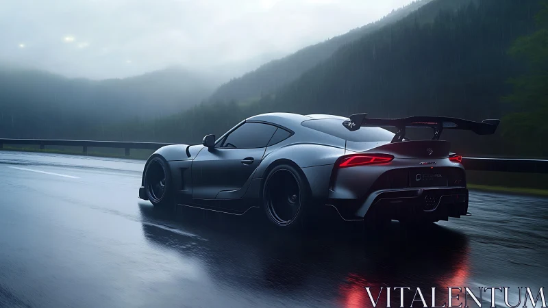 Widebody sports car on wet mountain highway in rainstorm.