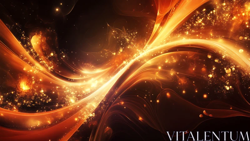 Curved luminous streaks with glowing particles on dark field.