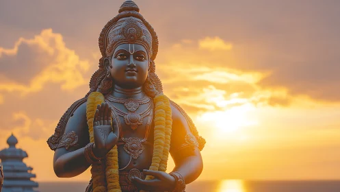 Statue of a robed deity stands before a low coastal sunset