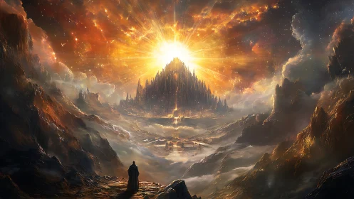 Radiant celestial citadel crowns vast misty valley