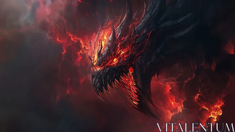 Infernal dragon skull carves molten jaws through storming ash