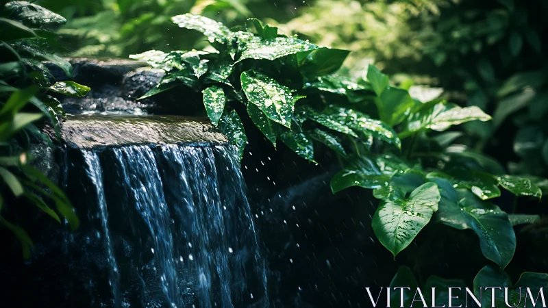 Tropical garden waterfall with glistening foliage in bokeh light.