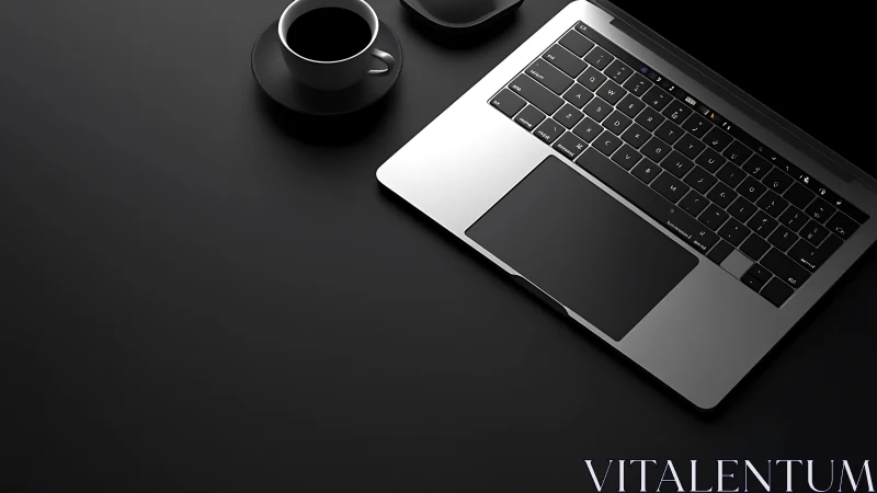 Minimalist laptop workspace with coffee on dark desk.