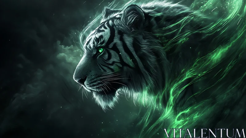 Phantom emerald tiger drifting through cosmic midnight storm.