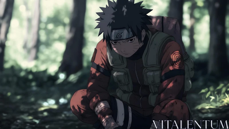 Battle-worn ninja crouches in shadowed forest clearing.