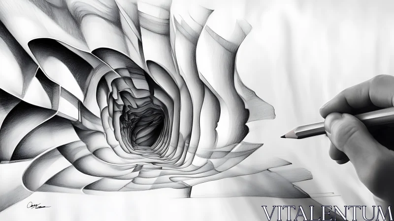 Hand renders vortex-like graphite tunnel with layered shading dynamics