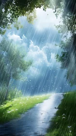 Rainfall over tree-lined path with wet reflective surface.
