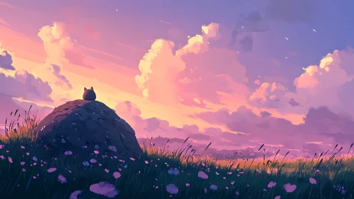 Cat watches glowing clouds above twilight flower field.