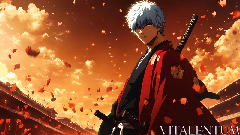 Crimson kimono samurai stands beneath a glowing sunset sky