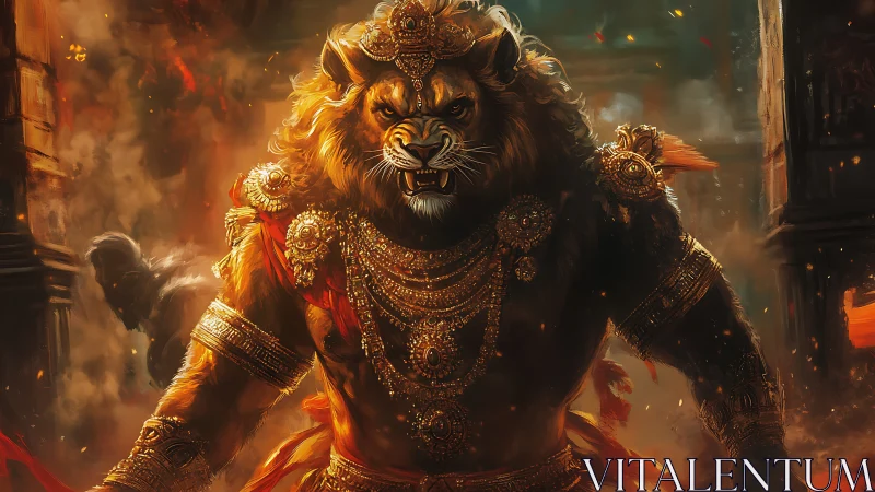 Lion warrior deity in blazing temple battle scene.