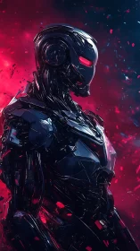 Humanoid combat robot in red and blue digital environment.