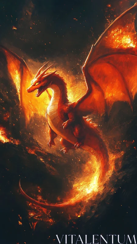 Fire dragon soars through burning storm with blazing wings