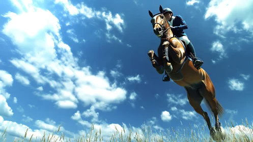 Equestrian jumper captured mid-air against expansive sky