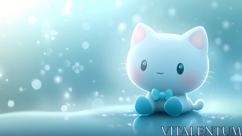 Softly lit chibi cat character in pastel blue bokeh glow