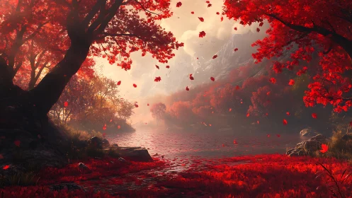 Spectral autumn river basin under diffuse volumetric daylight.