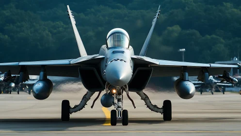 Twin-engine fighter jet taxiing on runway in frontal view.